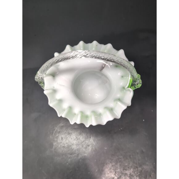 Bohemian Art Glass Footed Green Basket, Ruffled Edge, Hand Blown, Twisted Handle - Picture 6 of 10
